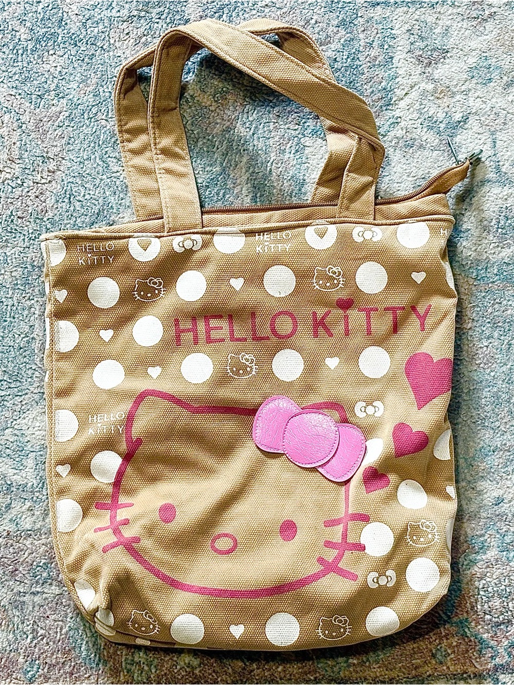 Boho Hello Kitty Tote Bag Neutral Canvas Fabric w White Polka Dots & Pink Hearts
